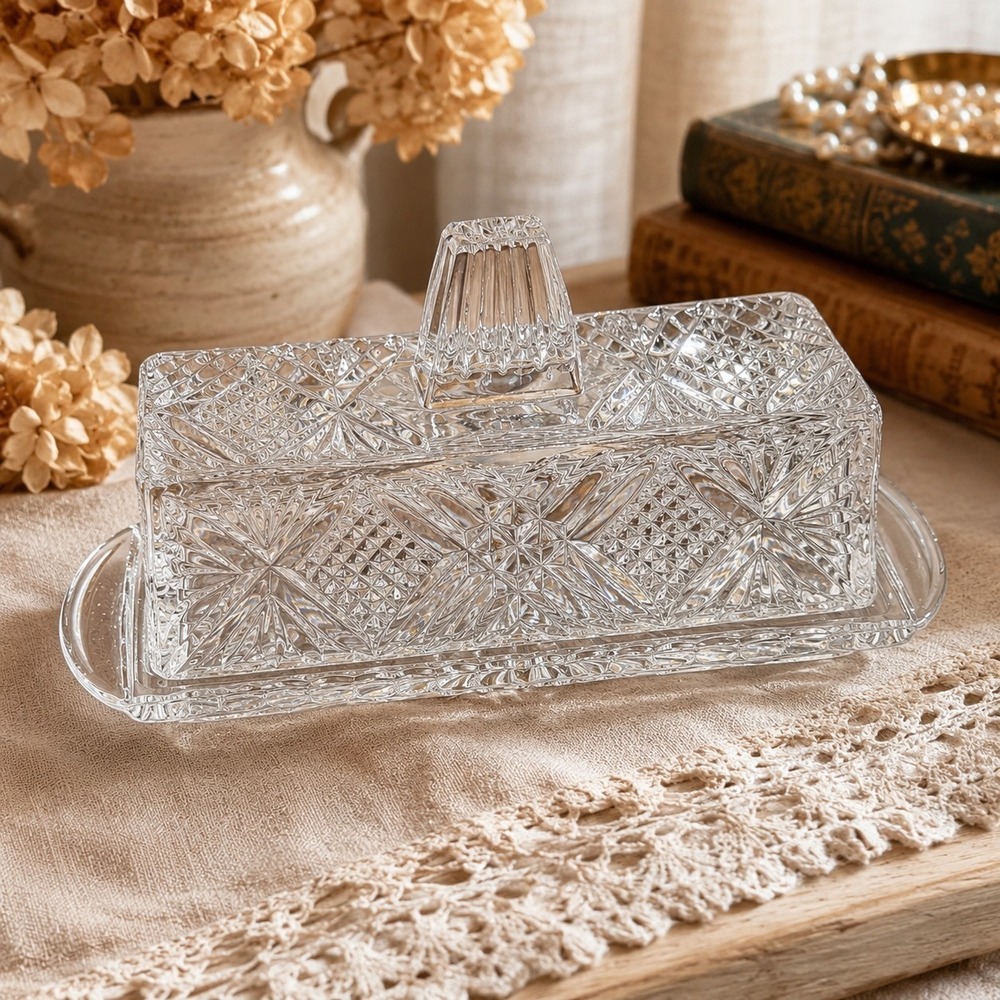Vintage Crystal Butter Dish w Lid‎ Covered Butter Keeper Clear Cut Crystal Tray
